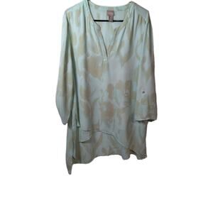 Chicos Tunic Top Size XL 3 Mint Green Tan Roll Tab Sleeve Layered Crossover Hem